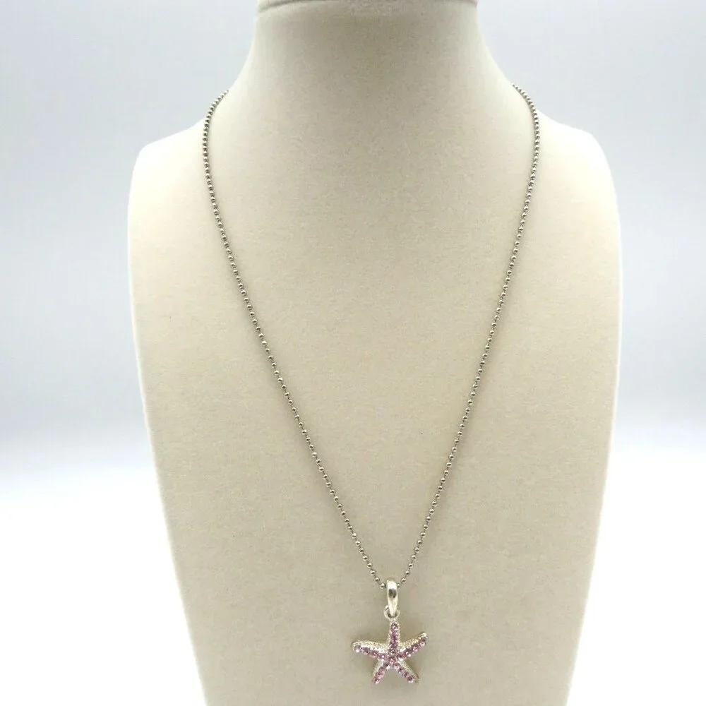 Starfish Pendant Necklace Pink Crystals‎ Silver Tone 16